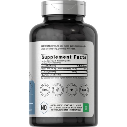 Horbaach Choline Inositol 1000mg Supplement | 200 Capsules | Non-GMO, Gluten Free
