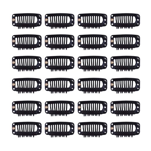 YANTAISIYU 24 pcs/lot 32mm 9-teeth Metal Wig Clips with Rubber Stopper, Invisible Hairpiece Wig Accessories Clips (Black)