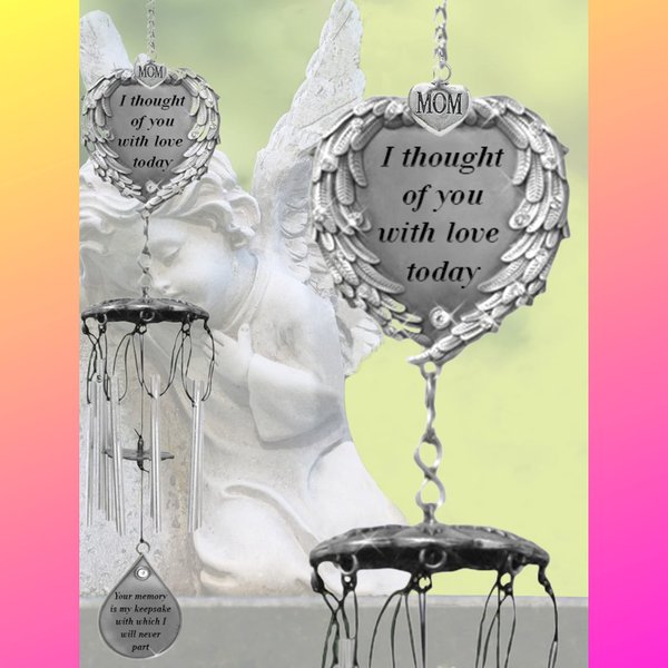 BANBERRY DESIGNS Mom Memorial Windchimes - Pewter Heart Shaped Angel Wings Loving Sympathy Poem I Thought of You with Love Today - Garden Chimes Loss of a Mother