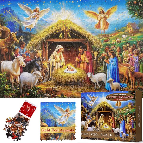 Gold Foil Accents Advent Calendar 2024 Christmas Puzzles for Adults, Religious Jesus Nativity Scene 1008 Pieces Countdown Calendar 24 Days Gold Stamping Jigsaw, Puzzle Advent Calendar 2024 for Teens Kids