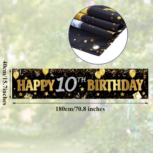 Happy 10th Birthday Banner Horizontal Fabric Black Gold Happy Birthday Sign Banner Backdrop Background Happy Birthday Yard Sign for Kids 10th Birthday Party Decorations Supplies, 71 x 15.7 Inches