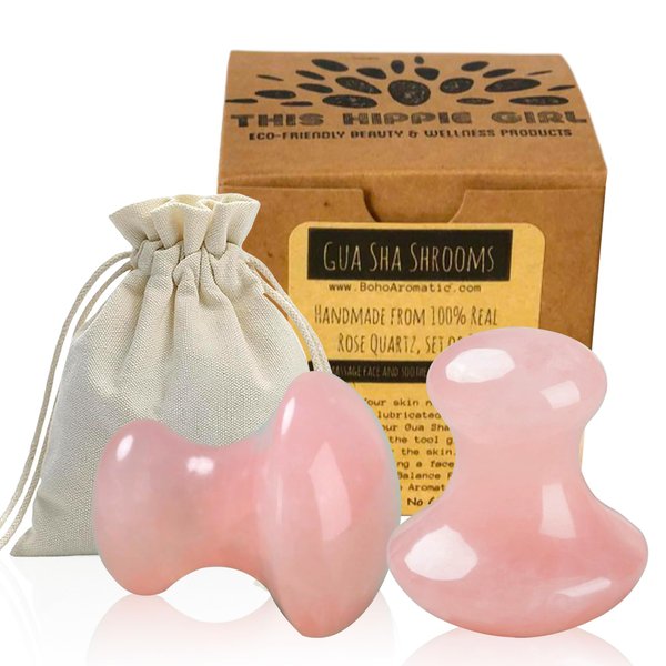 Boho Aromatic This Hippie Girl Gua Sha Mushroom Set, Jaw Sculpting Tools, Rose Quartz Facial Toning and Yoga Sculpt Massage Tool, 2 Gua Sha Mushrooms for Skin and Facial Treatment, Facecare Tools