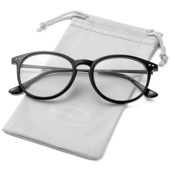 Kursan Non Prescription Clear Lens Fake Glasses for Women Men Retro Round Metal Frame Eyeglasses (Bright Black)