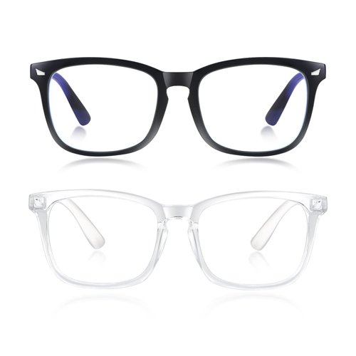 2 Pack Blue Light Glasses for Women or Men |Fashion UV Ray Filter Eyeglasses for Reading, PC and TV | Gaming Glasses Instantly Blocks Glare from Computers and Phone Screens(Black+Clear)