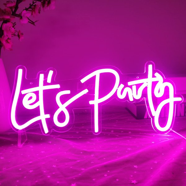 Ajoyferris Let's Party Neon Signs Neon Light Sign for Wall Decor 16''x 7'' Word LED Neon Sign Art Decorative Lights for Bachelorette Party, Engagement Party, Birthday Party,Wedding Party Pink