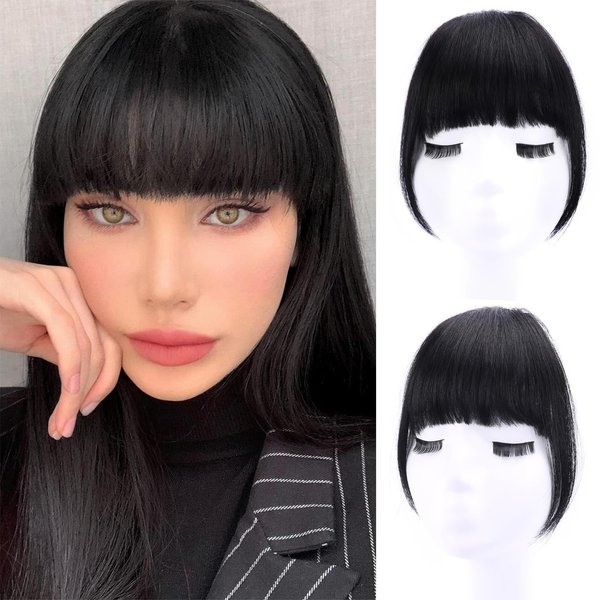 Clip in Bangs 100% Real Human Hair Hairpiece Bangs French Natural Black Bangs Fake Bangs Clip on Bangs for Women Faux Bangs Clip in Hair Extensions With Hair Roller for Daily Wear