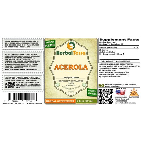 Acerola (Malpighia glabra) Tincture, Organic Dried Berry Liquid Extract (Brand Name: HerbalTerra, Proudly Made in USA) 5x2 fl.oz (5x60 ml)