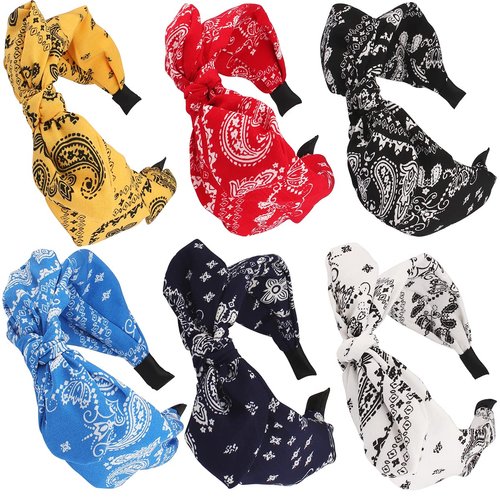 TOBATOBA Bandana Headband for Women Knotted Bow Headbands for Women Elastic Paisley Headband Vintage Rabbit Ear Bow Headband Wide Top Knot Headband Turban Headwraps Cute Hair Band for Women Girls 6Pcs