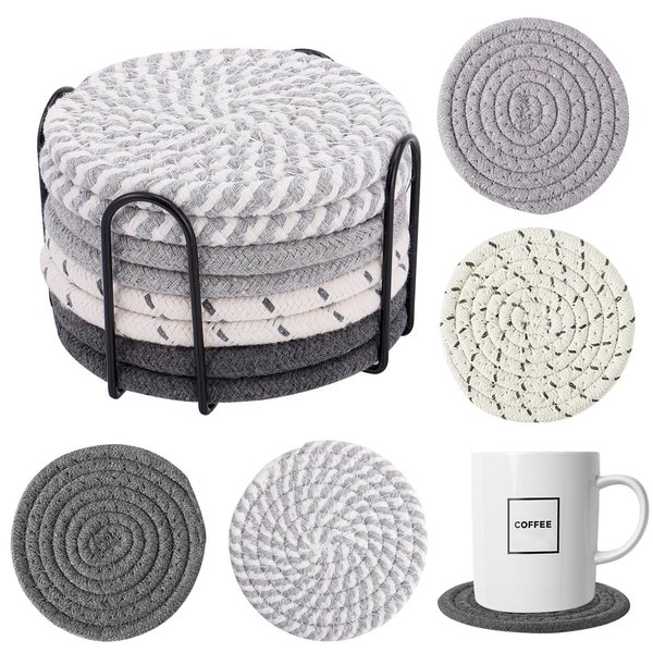 8 Pcs Boho Drink Coasters with Holder, 4 Styles Handmade Braided Absorbent Coasters, Heat-resistant Woven Coasters for Kinds of Cups Housewarming Gifts Table Home Decor (4.3in)