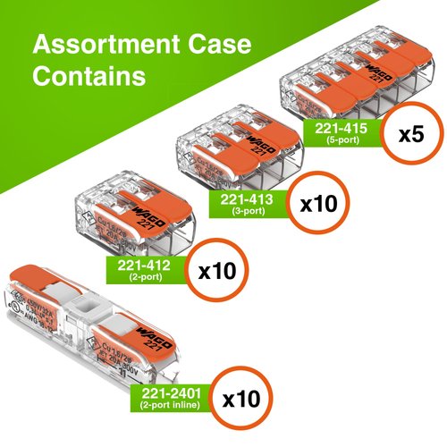 WAGO 221 Series 35pc Lever Nuts | Includes (10x 221-2401), (10x 221-412), (10x 221-413), (5X 221-415) | Compact Splicing Wire Connectors Assortment Pack | 221 Series Assortment with Case