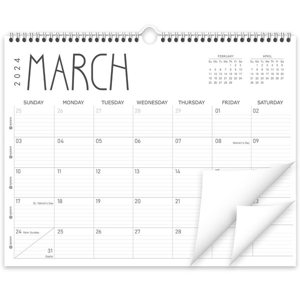 GuassLee 2024 Wall Calendar - Monthly Calendar from January 2024 to December 2024, 14” x 11” Hanging Calendar with Spiral Binding, Week Numbers for School Home Office