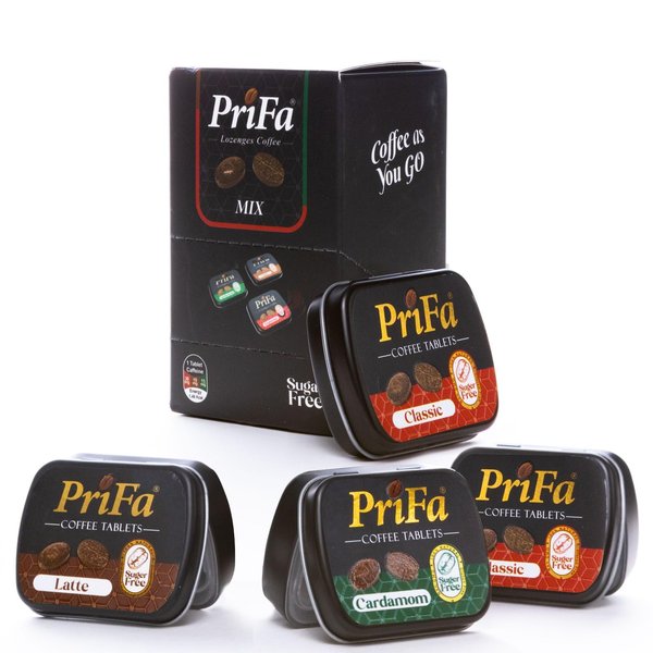 Prifa Coffee Tablets Mix Box - 4 Tins Variety Pack (2 Espresso,1 Latte,1 Cardamom) Instant solution for Coffee Cravings | unsweetened | Keto and Vegetarian | No Water Needed | Coffee Bean Shaped Tablets