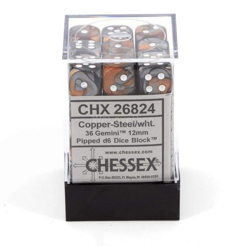 Chessex DND Dice Set D&D Dice-12mm Gemini Copper, Steel, and White Plastic Polyhedral Dice Set-Dungeons and Dragons Dice Includes 36 Dice – D6 (CHX26824)