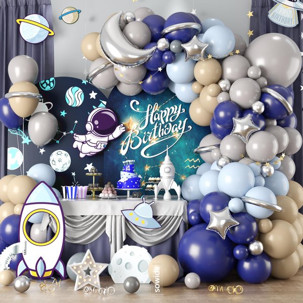 Space Theme Balloon Arch Kit, Navy Blue Gray Apricot Balloons with Moon Star Foil Balloons for Kids Boy Space Around Sun Theme Birthday Decorations First Trip Party Supplies Baby Shower Backdrop