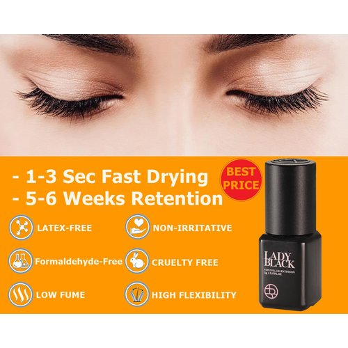 Sky Lady Black Glue Eyelash Extensions 5ml / Professional Max Bonding Strength Lash Glue / 1-3 Sec Fast Drying / 5-6 Weeks Retention