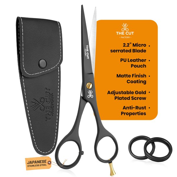 The Cut Factory- Hair Scissors and Barber Scissors Professional- 6.5 Inches Finest Stainless Steel Hair Cutting Scissors with Smooth Serrated Edge Blades -Use for Salon & Personal Use (Black)