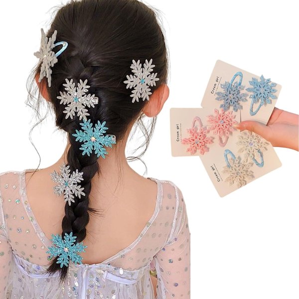 6PCS Snowflake Hair Clips Blue White Pink Christmas Hair Accessories for Women Girls Festive Snowflake Hairpins Xmas Hair Clips Holiday Hair Accessory Party Gifts