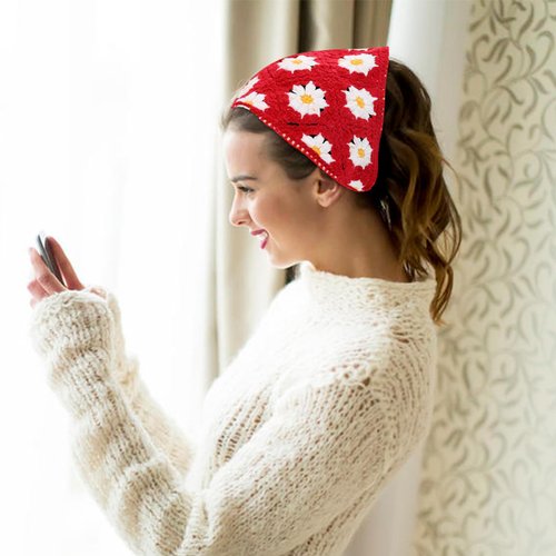 Dizila 3 Pieces Vintage Flower Crochet Bandanas Headbands Knitted Head Kerchief Hair Scarf Headwraps for Women Girls Teens (Beige+Red+Black)