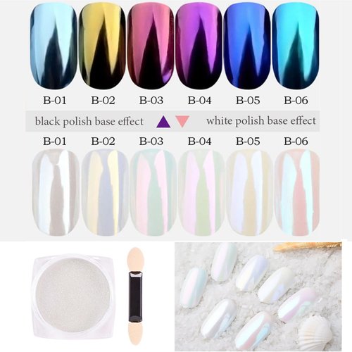6 Colors White Pearl Chrome Nail Powder Kit,Aurora Iridescent Powder Holographic Mirror Effect Mermaid Chrome Pigment Glitter Dust Powder, Pearlescent Chrome Powder Nail Art Manicure