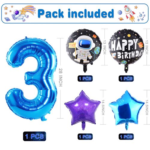 TMCCE 11 PCS Space theme Birthday Party Decoration Astronaut Spaceman Foil Balloons For 3rd Outer Space Birthday Party Supplies (Blue-3rd)