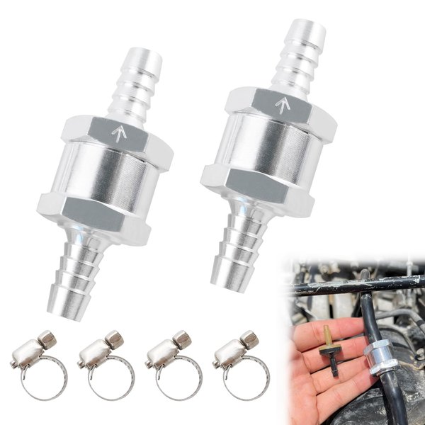 RiAiCiING 5/16'' Non Return One Way Check Valve for Petrol Diesel Fuel Oil Water, Aluminum Alloy Fuel Line Check Valve with Adjustable Hose Clamps Silver(8mm OD,2PCS)