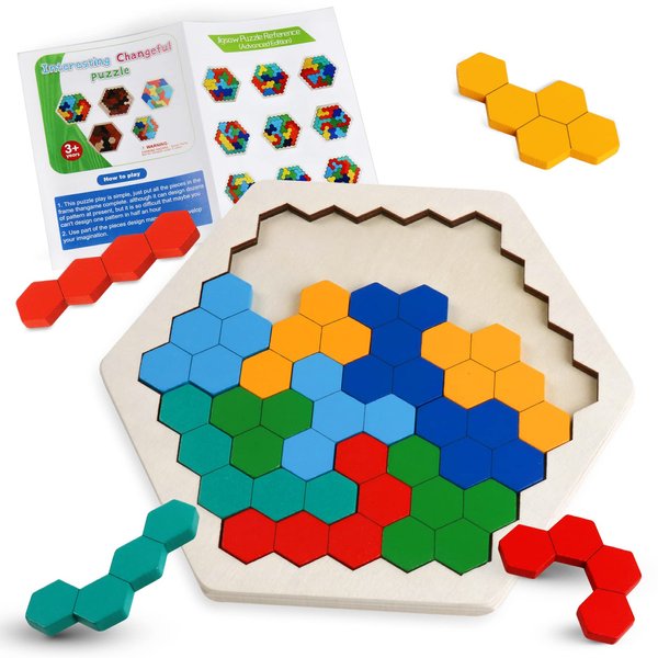 Skrtuan Wooden Blocks Puzzle for Kid Adults Brain Teaser Hexagon Puzzles Games Toy Shape Pattern Block Tangram Geometry Logic IQ STEM Montessori Educational Gift for All Ages Boys Girls Challenge