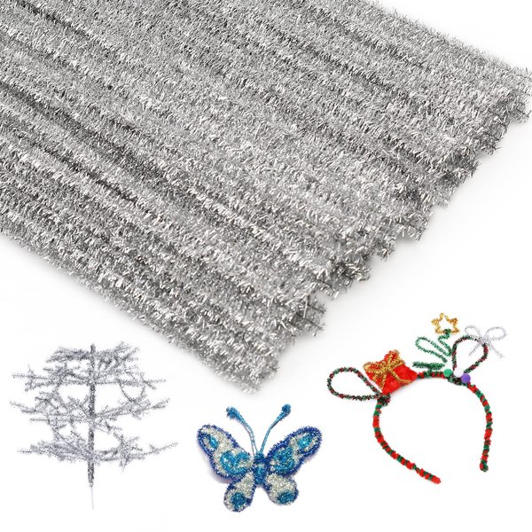 100 Pcs Pipe Cleaners Chenille Stem, Glitter Silver Craft Pipe Cleaners,DIY Craft,Fuzzy Sticks Pipe Cleaners Bulk for Creative Handmade DIY Art Craft and Crafts Project Decoration Supplies
