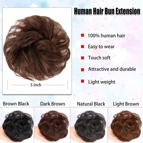 YOSILADY Messy Bun Hair Piece Human Hair Light Brown Hair with Elastic Band Scrunchies Stretchy Fluffy Chignon Ponytail Hairpieces Updos for Women Girls (Light Brown, Curly)