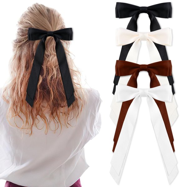 DECYOOL 4 Pack Hair Ribbon Bows for Women, Silky Satin Bow Hair Clip Ponytail Stand Accessories Metal Clip Hair Bows for Women Girls Toddlers Teenagers (Black Beige White Brown)