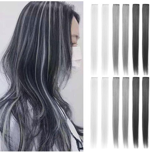 LSKJMO Grey&Light Grey&Dark Grey 21''Colorful Party Highlights Clip in Colored Hair Extensions Multicolor Straight Synthetic Hairpieces for Women Girls