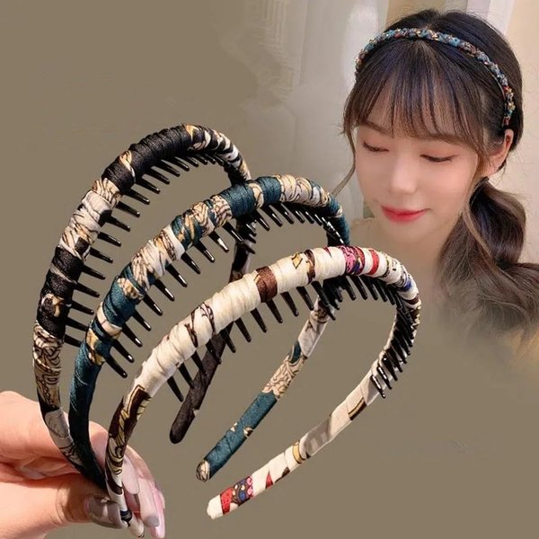 Xiaocao8 Fashion Non-slip Headbands for Women, Floral Fabric Hair Accessories, Adult Hair Band, Women's Resin Comb with Teeth, 3PCS Womens Hair Hoop