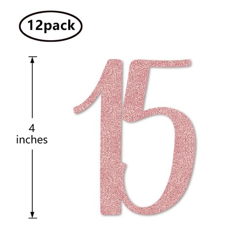 Rose Gold 15th Glitter Birthday Centerpiece Sticks, 12-Pack Number 15 Table Topper Anniversary Party Decorations