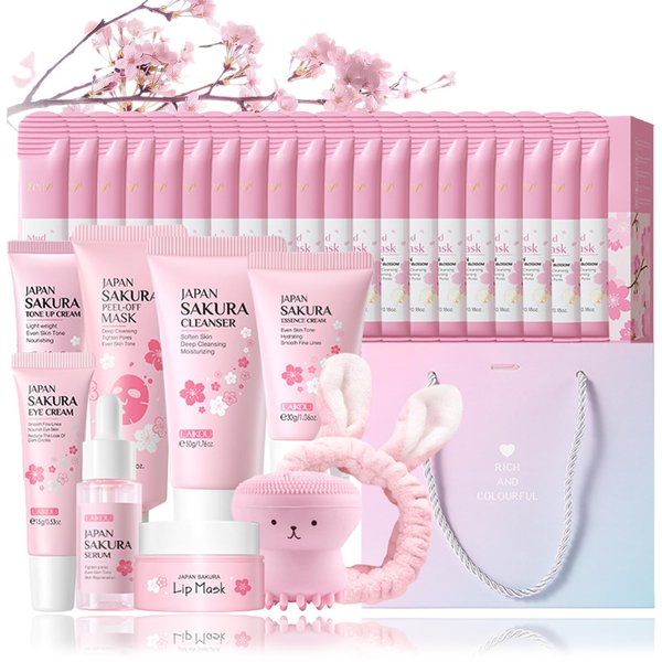 Cherry Blossom Skin Care Sets & Kits, Sakura Skincare Set For Teen Girls, Complete Skin Care Set For Teen Girls & Women, Facial Kit For Women & Girls Daily Routine Skin Care 32PCS