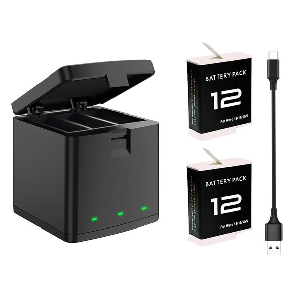 Battery for GoPro Hero 12 Black 3 Channel Dual Battery Charger Power Compatible with GoPro Hero 12 10 11 9 Black Dual Battery Charger Station