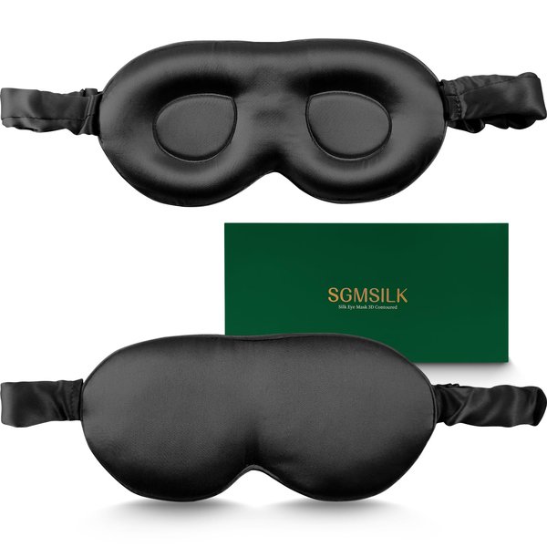 SGMSILK Mulberry Silk Sleep Mask, 3D Contoured Cup Eye Mask for Sleeping, Super Soft Breathable Silk Eye Covers for Sleeping, Blackout Eye Mask for Sleeping, Travel Silk Eye Mask Black