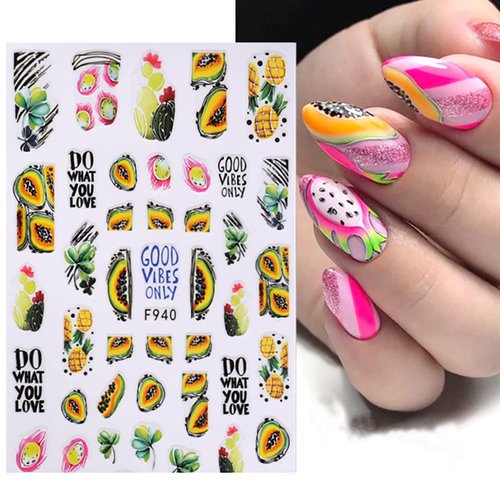 Fruits Nail Art Stickers 3D Self-Adhesive Nail Decals, Cherry Lemon Peach Strawberry Nail Sticker Decoration, Laser Glitter Nail Design for Women Girls Manicure Tips Nails Decal (8 Sheets)