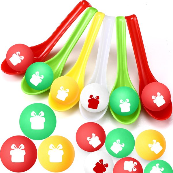 JellyArch 48 Pack Christmas Game Spoon Relay Race Toy Set, Christmas Themed Ball and Spoon Race Game for Indoor Outdoor Decorations Christmas Party Holiday Birthday Supplies Favors(Gift Box)