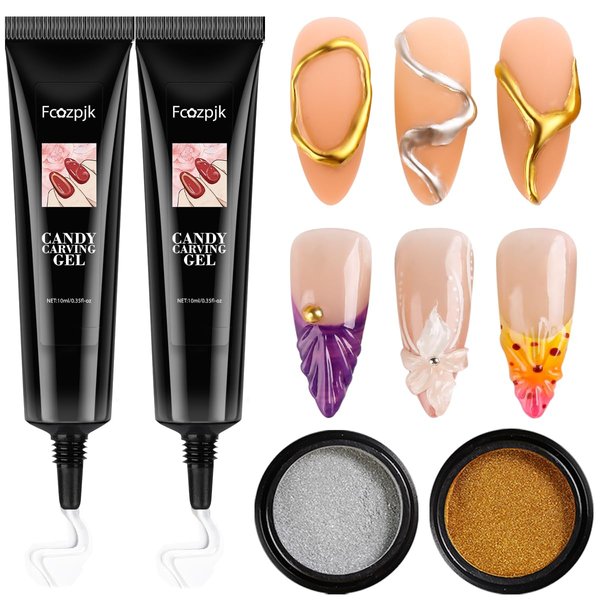 Fcozpjk 3D Sculpting Gel for Nail Art, 2PCS 10g Clear 3D Nail Art Gel Liner Nail Polish Carving Modeling Gel for Nail Design, 5D Embossed Gel Candy Gel with Gold Silver Chrome Nail Powder Kit
