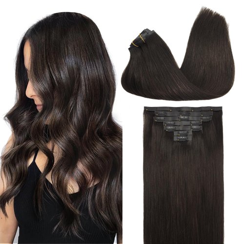 GOO GOO Clip in Hair Extensions Real Human Hair, Remy Human Hair Extensions Clip ins for Women, Natural Human Hair, 16inch 130g 7Pcs, 2 Dark Brown