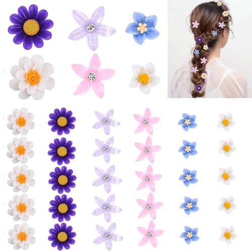 30 Pcs Mini Flower Hair Clips Daisy Hair Accessory Purple Blue White Flower Daisy Hair Clip Beach Wedding Small Flower Clips Bride Bridesmaid Hairpins Hair Barrettes Hair Pins for Women Girls Party