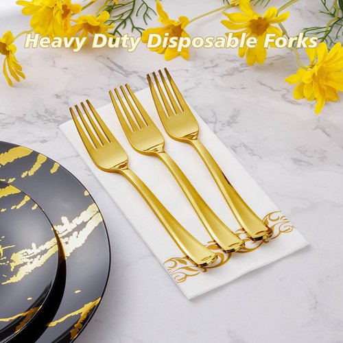 Goodluck 50 Pack Gold Plastic Forks, Heavy Duty Gold Forks Disposable, Gold Plastic Cutlery Perfect for Weddings, Parties, Dinners