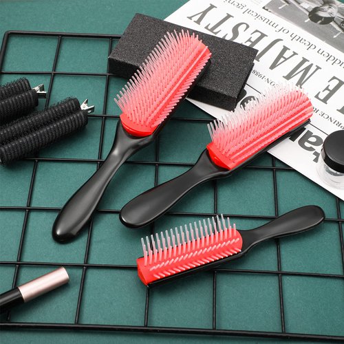 Patelai 3 Sizes 9-Row and 5-Row Cushion Nylon Hair Brush for Natural Curly Hair, Travel Detangling Brush Comb for Women Men Volumizing Shaping Separating Defining Curls Hair Salon (Red Black)