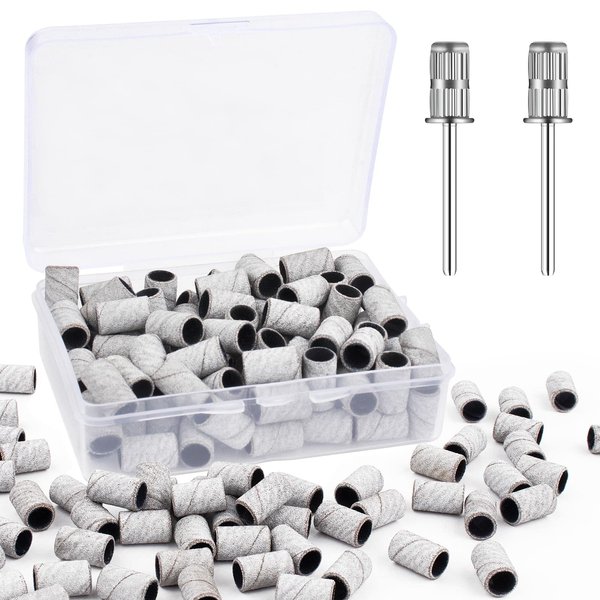 Rolybag Sanding Bands for Nail Drill,Nail Sanding Bands 180# Zebra with Storage Box,Include 100 Fine Sanding Bands and 2 Pieces Mandrel for Most Size 3/32" Nail Drill Machine