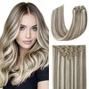 EYEFULL STELL Clip in Human Hair Extensions 22inch 120g 7PCS Ash Brown Highlights Platinum Blonde Remy Natural Straight Invisible Double Weft Clip ins Real 100% Human Hair Extensions Clip on Hair