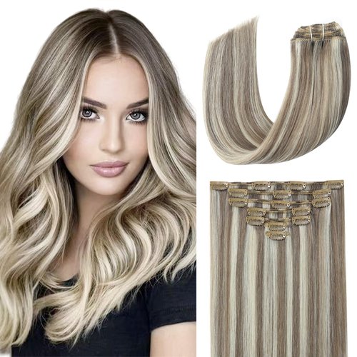 EYEFULL STELL Clip in Human Hair Extensions 22inch 120g 7PCS Ash Brown Highlights Platinum Blonde Remy Natural Straight Invisible Double Weft Clip ins Real 100% Human Hair Extensions Clip on Hair