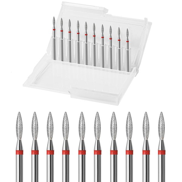 ERUIKA 10pcs Diamond Flame Cuticle Drill Bits Set, Professional Cuticle Nail Drill Bits for Dead Skin 3/32'' Nails Dry Manicure Pedicure Shape Remove Nail Salon Tools(Fine-F)