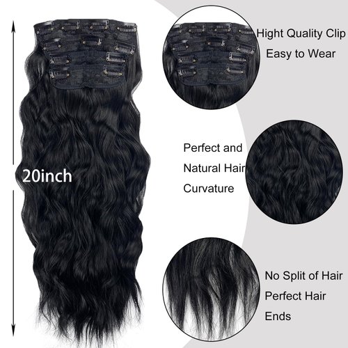 MIMISERVICE Clip in Hair Extensions Long Wavy Black Hair Extensions 4PCS Thick Hairpieces Fiber Double Weft Hair for Women（20inch)