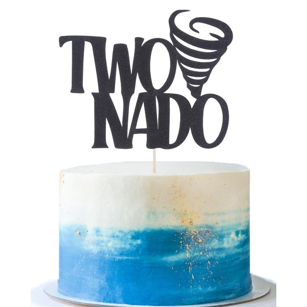 Twonado 2nd Birthday Cake Topper - Black Glitter Tornado Sign Second Bithday Cake Topper, Two Years Old Birthday Party Decoration Supplies