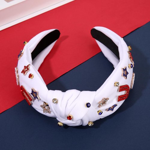 mokkia 4th of July Headband for Women American Flag Star Knotted Headbands Red White and Blue Rhinestone Crystal Top Knot Headbands Patriotic 4th of July Accessories Party Favors (Letter USA 7)