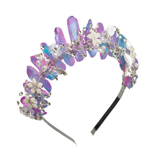 Bubbmi Raw Crystal Headband with Pearl Flowers, Quartz Rhinestone Bridal Tiara Crown Headpiece for Women Girls
